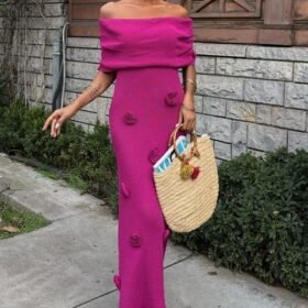 Eteği Gül Detay Madonna Yaka Elbise 2863