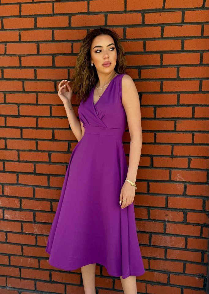 Kadın Ithal Krep Kumaş Kruvaze Yaka Eteği Kloş Kolsuz Midi Elbise - Görsel 3