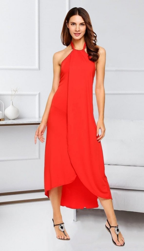 Boyun Askılı Eteği Kruvaze Kesim Viskon Kumaş Elbise - Görsel 4