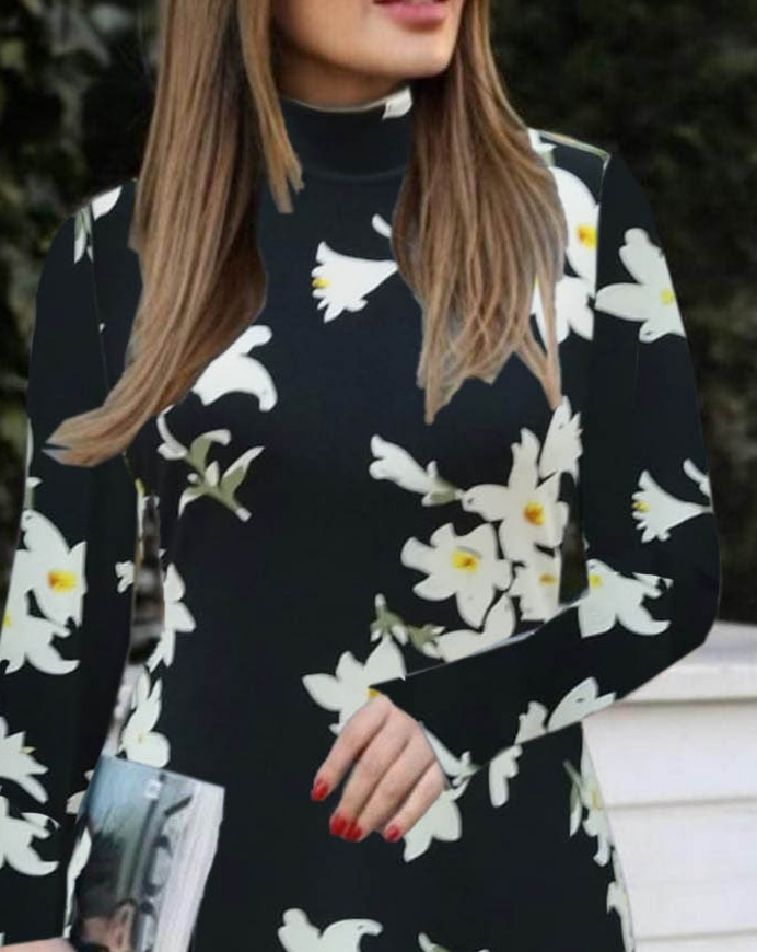 Kadın Balıkçı Yaka Uzun Kollu çiçek Desenli Krep Elbise - Görsel 2