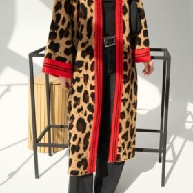 Uzun Leopar Hırka - Camel-Kırmızı