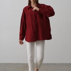 Boncuk Nakış Detaylı Uzun Gömlek - Bordo