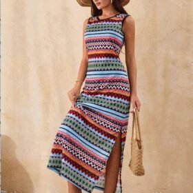 Kadın Bisiklet Yaka Cizgi Desen Süprem Elbise