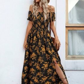 Kadın Kısa Kollu Madonna Yaka Yırtmaçlı çiçek Desenli Süprem Elbise