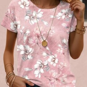 Kadın Kısa Kollu Bisiklet Yaka çiçek Desenli Viskon Bluz