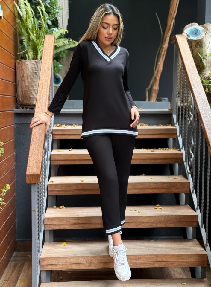 Kadın Uzun Kollu V Yakalı şerit Detay Alt Ve üst Viskon Iki Iplik Detay Ikili Takım - Görsel 2