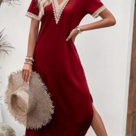 Kadın Kısa Kollu Dantel V Yakalı Uzun Viskon Elbise