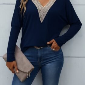 Kadın Uzun Kollu V Yakalı Yarasa Kollu Viskon Bluz