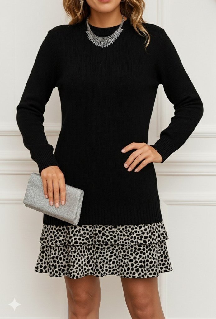 Kadın Uzun Kollu üst şardonlu Kaşkorse Alt Süprem Desenli Elbise - Görsel 3