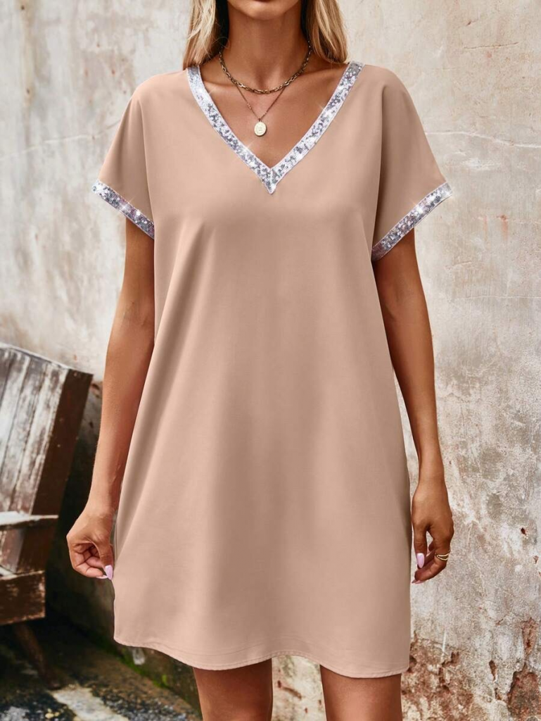 Kadın Yaka Ve Kol Pul Payet şeritli Ithal Krep Elbise - Görsel 3