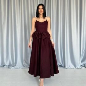 Bordo Beli Büzgülü İnci Askılı Uzun Elbise