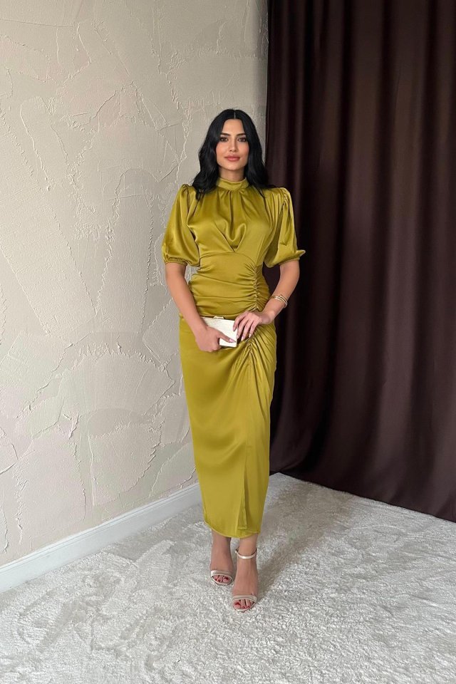 Yağ Yeşili Büzgülü Saten Elbise - Görsel 2