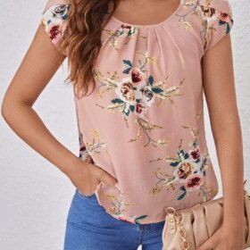 Kadın Kısa Kollu Bisiklet Yaka çiçek Baskılı Süprem Bluz