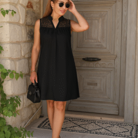 Kadın Kolsuz V Hakim Yaka Dantelli Janjan Krep Elbise