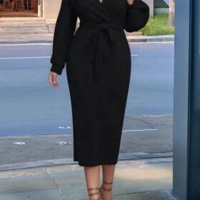 Kadın Uzun Kollu Kruvaze Yaka Belden Kuşaklı Midi Ithal Krep Elbise