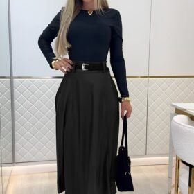 Kadın Yüksek Belli Maxi Deri Kemersiz Etek