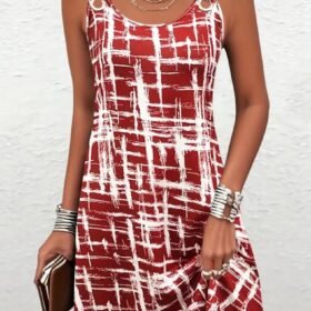 Kadın Askılı Kuş Gözü Detaylı Desenli Süprem Elbise