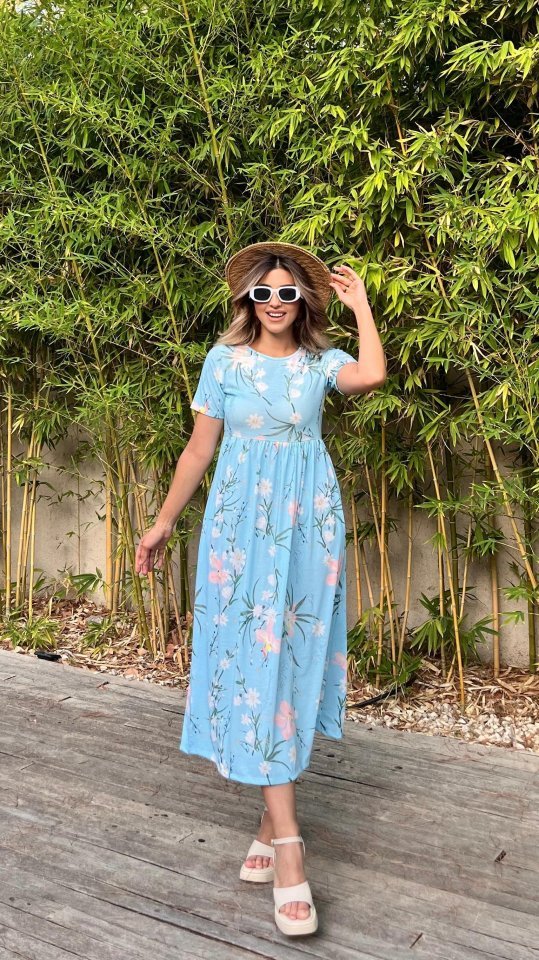 Kadın Kısa Kollu çiçek Baskı Midi Boy Süprem Elbise - Görsel 2