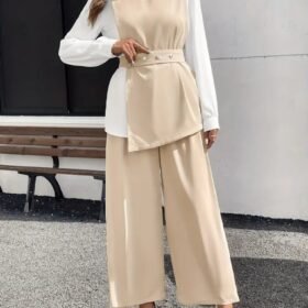 Kadın Uzun Kollu Açık Yakalı çift Renkli Kemerli Ithal Krep Ikili Takım