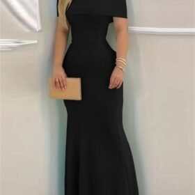 Kadın Kısa Kollu Madonna Yaka Belden Oturtmalı Uzun Ithal Krep Elbise