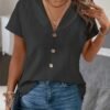 Kadın Kısa Kollu Derin V Yakalı Düğmeli Ithal Keten Bluz