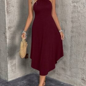 Kadın Boyundan çapraz Askılı Halka Detaylı Asimetrik Kesim Viskon Elbise