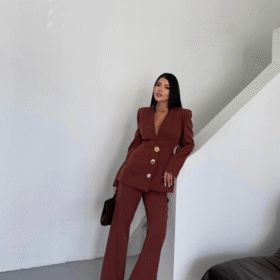 TASARIM CEKET-PANTOLON TAKIM METAL DÜĞME DETAYLI - Kahverengi