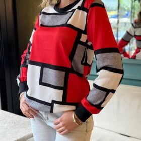 Kadın Uzun Kollu Bisiklet Yaka Renkli Blok Baskı Dalgıç Bluz