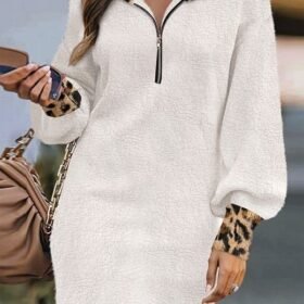 Kadın Uzun Kollu Yakalı önden Fermuarlı Leopar Detaylı Mini Peluş Elbise