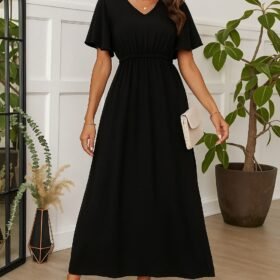 Kadın Kısa Kollu V Yakalı Beli Lastikli Uzun Viskon Elbise