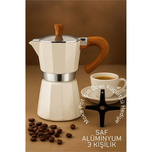 HSNET Italyan Moka Pot - 6061 Saf Alüminyum Ahşap Saplı - 3 kişilik KREM