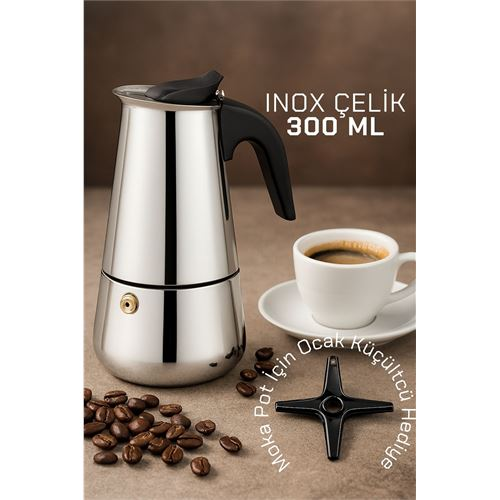 HSNET Inox Moka Pot - Paslanmaz Çelik Profesyonel Moka Pot - 300 ml