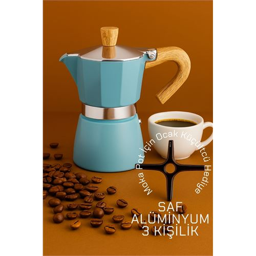HSNET Italyan Moka Pot - 6061 Saf Alüminyum Ahşap Saplı - 3 kişilik MAVİ