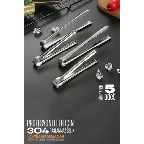 HSNET Mini 12.5 cm Buz Maşası - Şeker Limon Maşası Kokteyl Servis Maşası 5 li PAKET 304 Paslanmaz Çelik