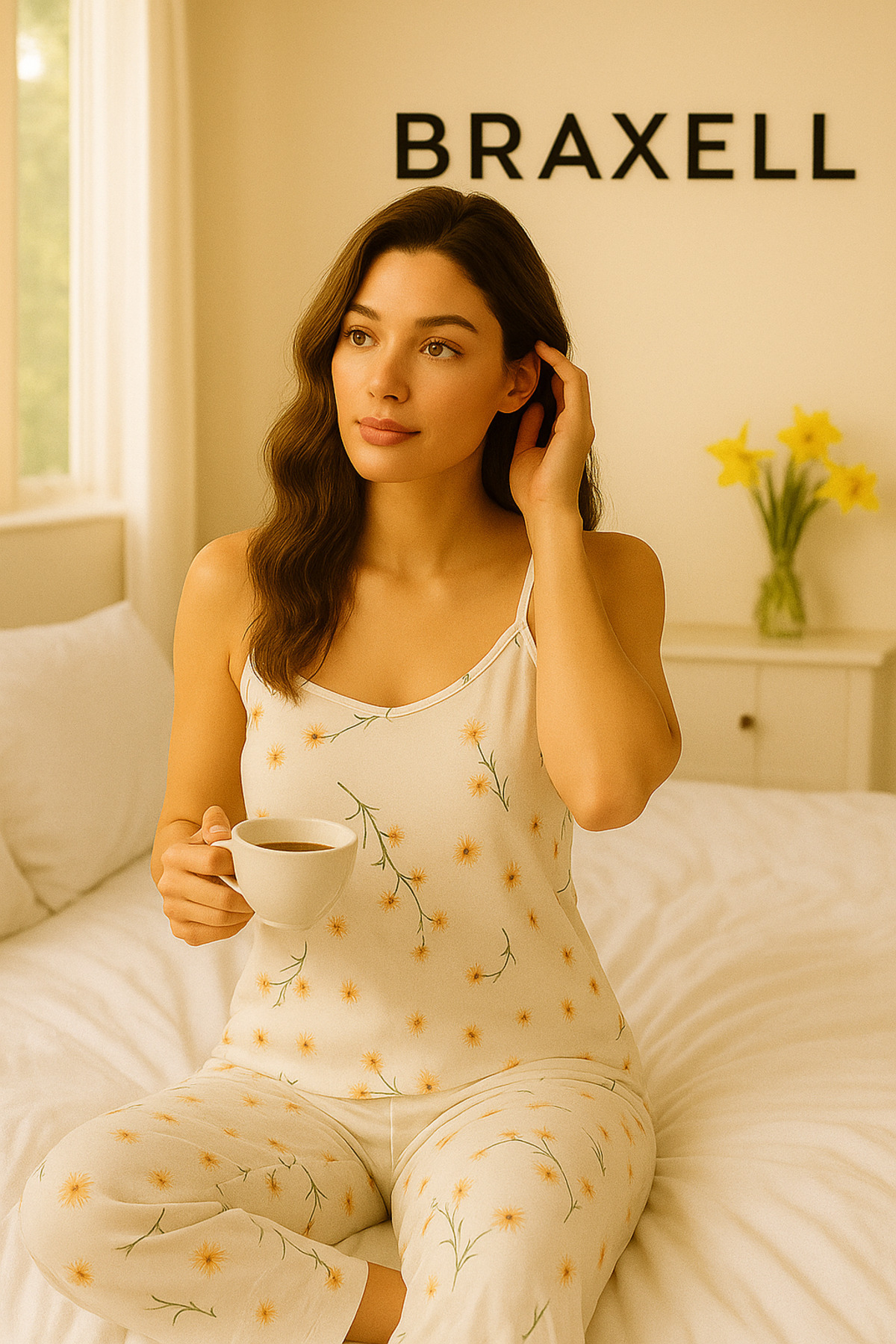 Kadın Beyaz İp Askılı Çiçek Desenli Pijama Takımı-(17952) - Görsel 3