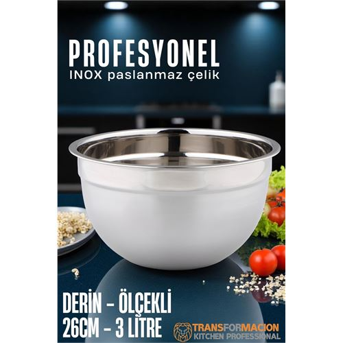 HSNET Inox Ölçekli Derin Kase - 26 Cm 3 Litre Karıştırma Kabı Profesyonel 304 Paslanmaz Çelik