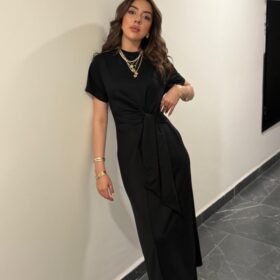 Kadın Kısa Kollu Bisiklet Yaka Yandan Bağlamalı Viskon Iki Iplik Elbise