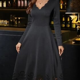 Kadın Uzun Kollu V Yakalı Lazer Kesim Detaylı Midi Ithal Krep Elbise