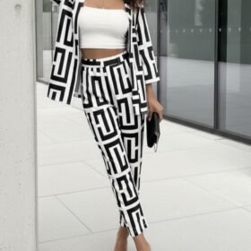 Kadın Uzun Kollu önü Açık Desenli Iki Iplik Ceket Ve Pantolon Ikili Takım