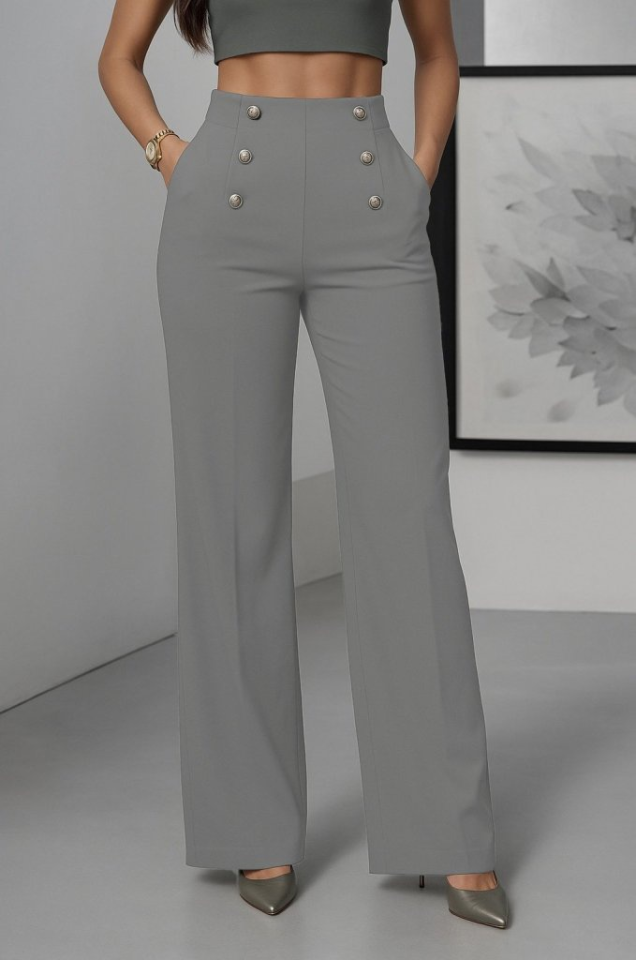 Kadın Yüksek Bel önden Düğmeli Uzun Paçaya Doğru Geniş Ithal Krep Pantolon - Görsel 3