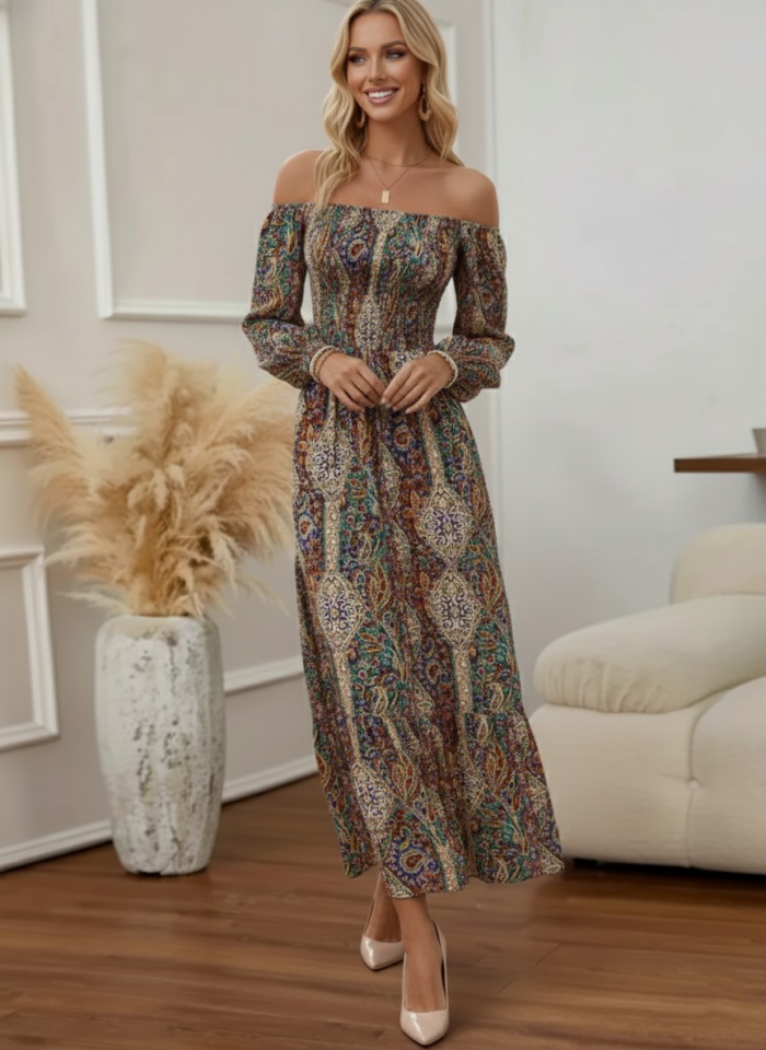 Kadın Düşük Omuzlu Beli Büzgülü Dijital Desenli Kesik Elyaf Süprem Uzun Elbise - Görsel 2