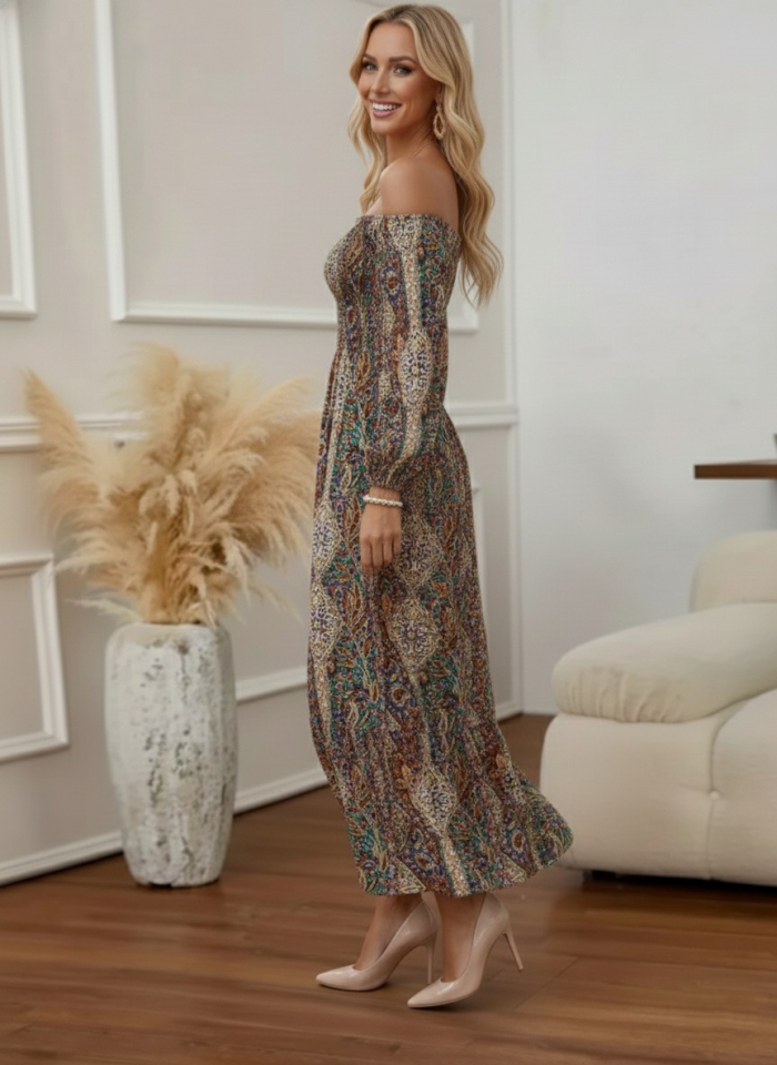 Kadın Düşük Omuzlu Beli Büzgülü Dijital Desenli Kesik Elyaf Süprem Uzun Elbise - Görsel 3