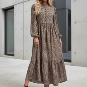 Kadın Uzun Kollu Hakim Yakalı Düğmeli Kemersiz Desenli Maxi Süprem Elbise