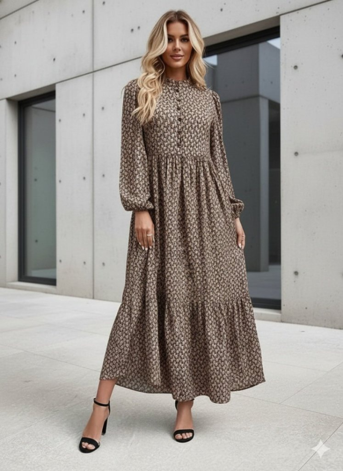 Kadın Uzun Kollu Hakim Yakalı Düğmeli Kemersiz Desenli Maxi Süprem Elbise