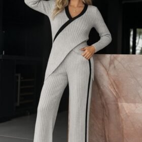 Kadın Uzun Kollu V Yakalı çapraz Detaylı şardonlu Kaşkorse Bluz Ve Pantolon Ikili Takım