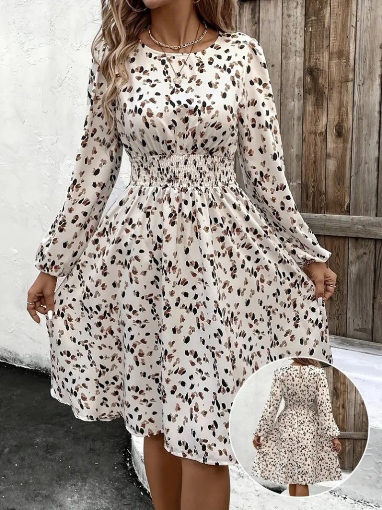 Kadın Uzun Kollu Bot Yaka Beli Lastikli Midi Süprem Elbise