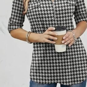 Kadın Uzun Kollu Hakim Yaka Yakadan Fermuarlı Geometrik Desenli Süprem Bluz