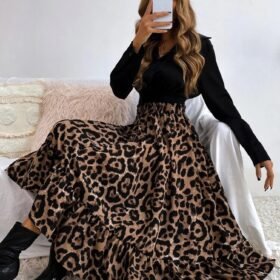 Kadın Uzun Kollu Kruvaze Yakalı Ithal Krep Bluz Ve Leopar Desenli Süprem Uzun Elbise