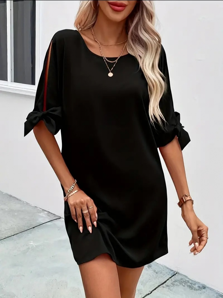 Kadın Kısa Kollu Kolu Bağlamalı Yakası Açık Janjan Elbise - Görsel 2