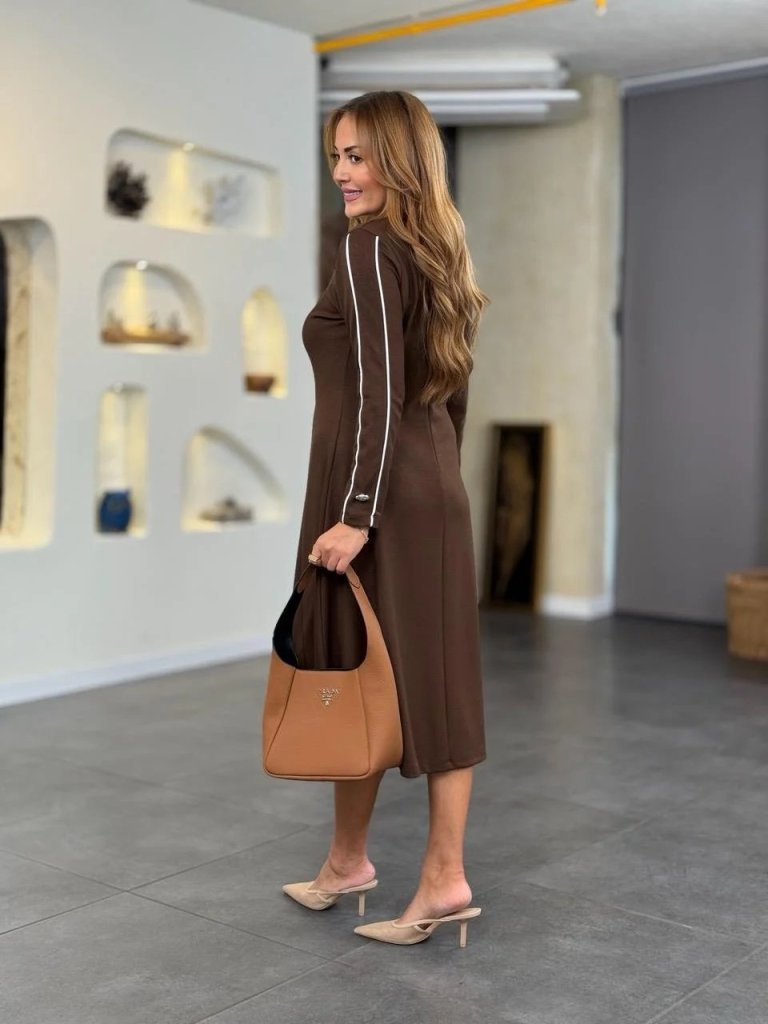 Kadın Uzun Kollu Bisiklet Yaka Midi Modal Elbise - Görsel 3